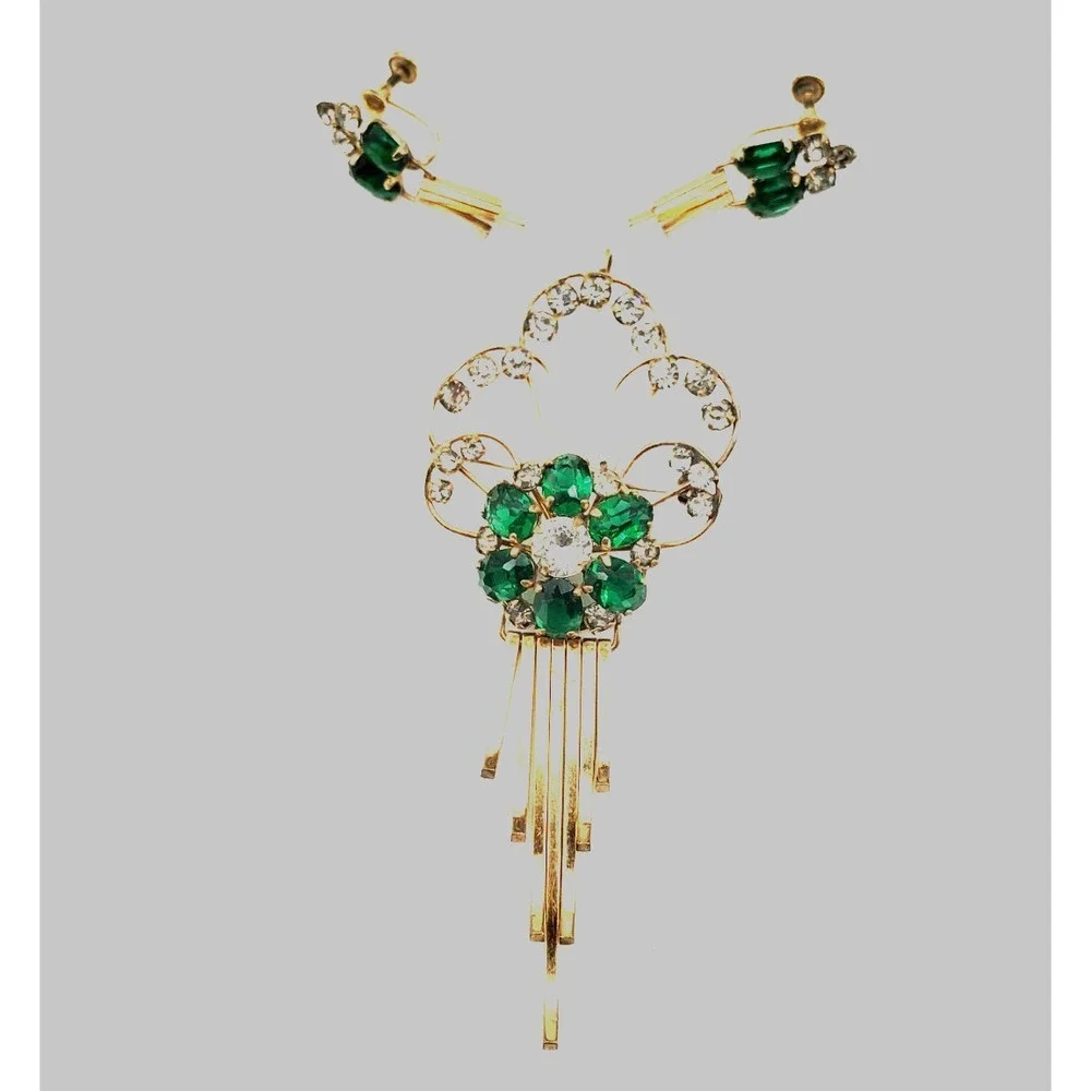 Vtg M&S Gold‎ Filled Brooch Screw Back Earrings Green Crystal Articulated Fringe